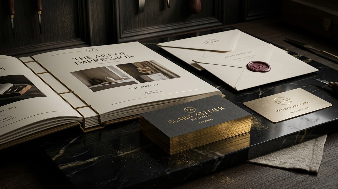 The One Printer luxury print specimens: 600gsm cotton cards with gold foil and smyth-sewn monographs